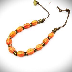 NATASHA Accessories Brass Metal Orange Howlite Pumpkin Beads & Leather Necklace